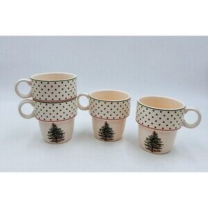 Spode Christmas Tree Collection Polka Dot Stackable Mugs Coffee Tea Set of 4 Box